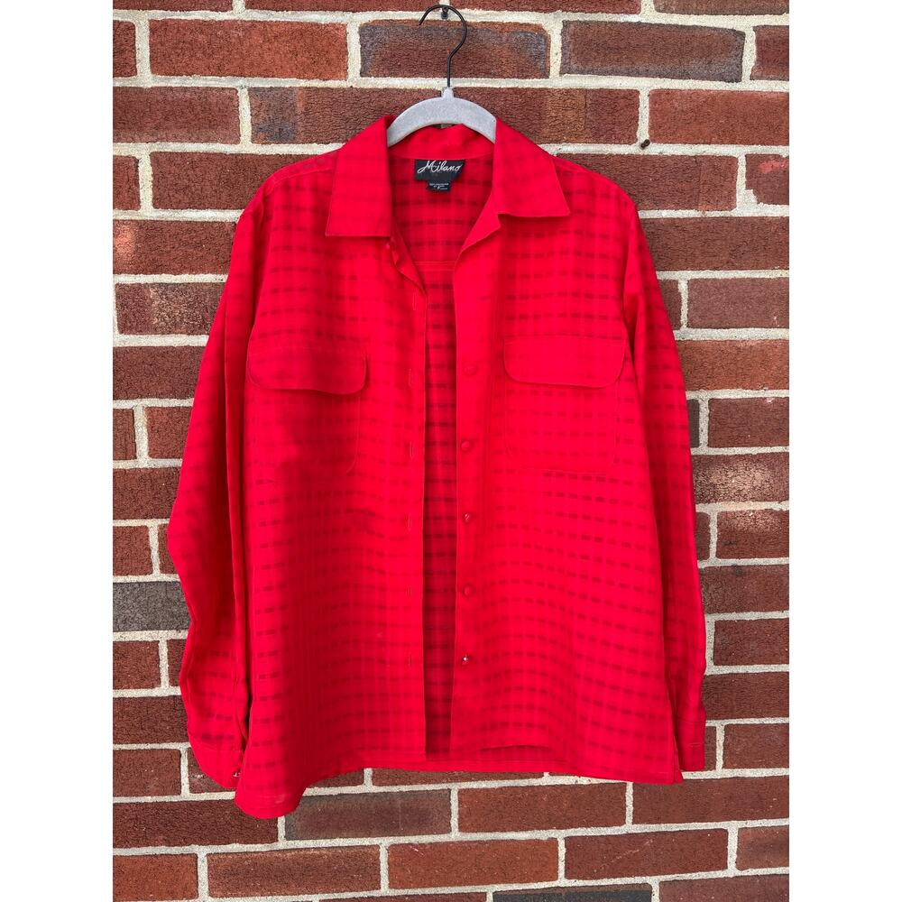Milano Red Checkered Button Front Blouse Shirt Women Small Long Sleeve Vintage - Picture 3 of 9